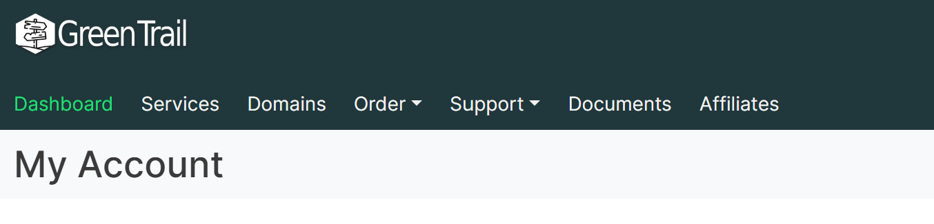 Green Trail Hosting billing console showing the Order menu and New Order option
