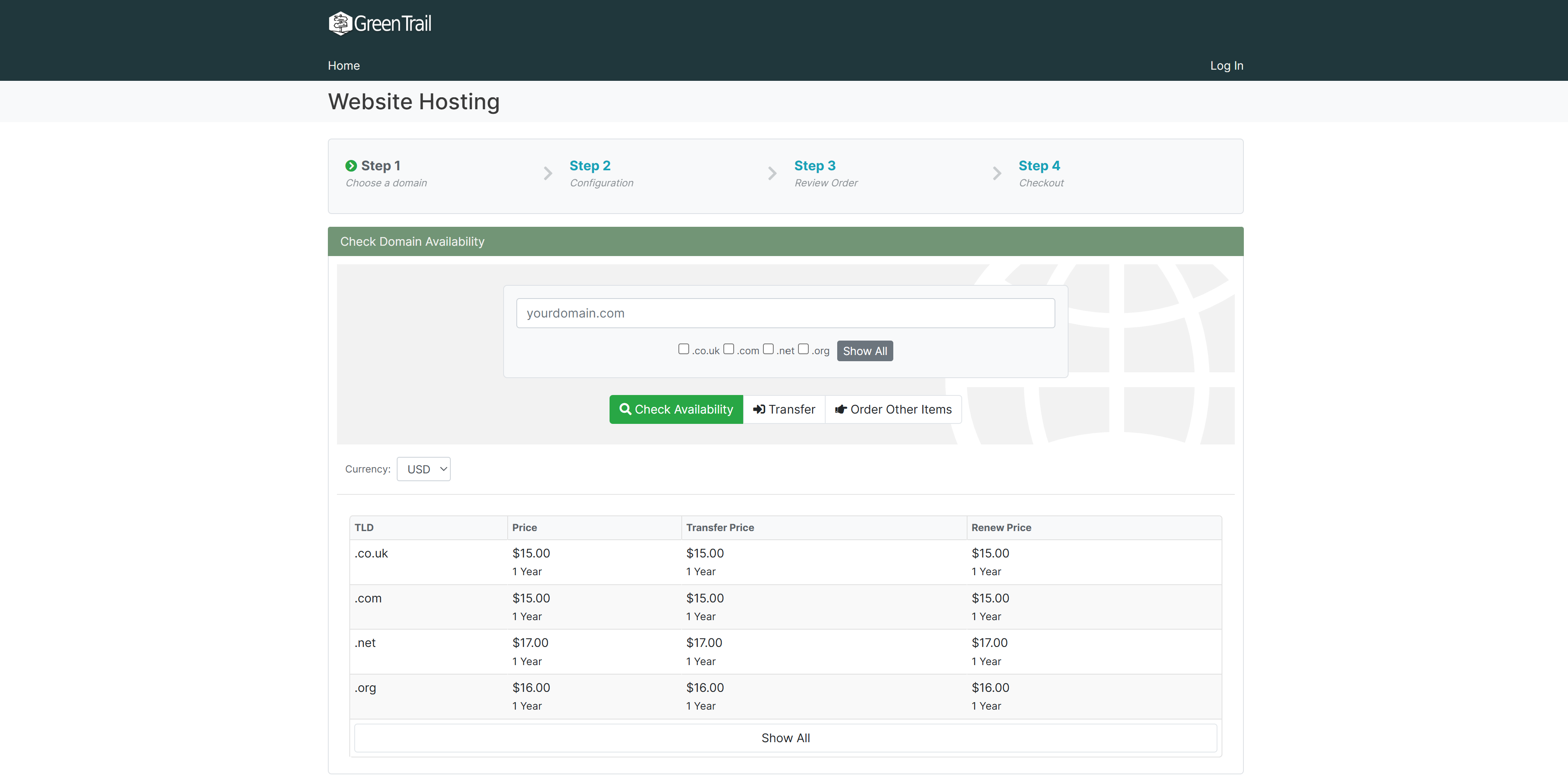 Domain search page showing domain availability and yearly registration pricing