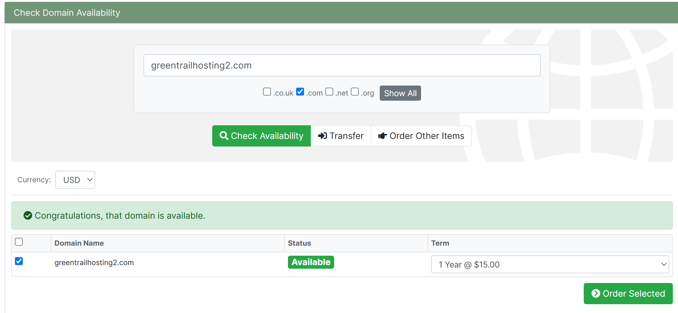 Domain search results showing a selected domain and the Order Selected button