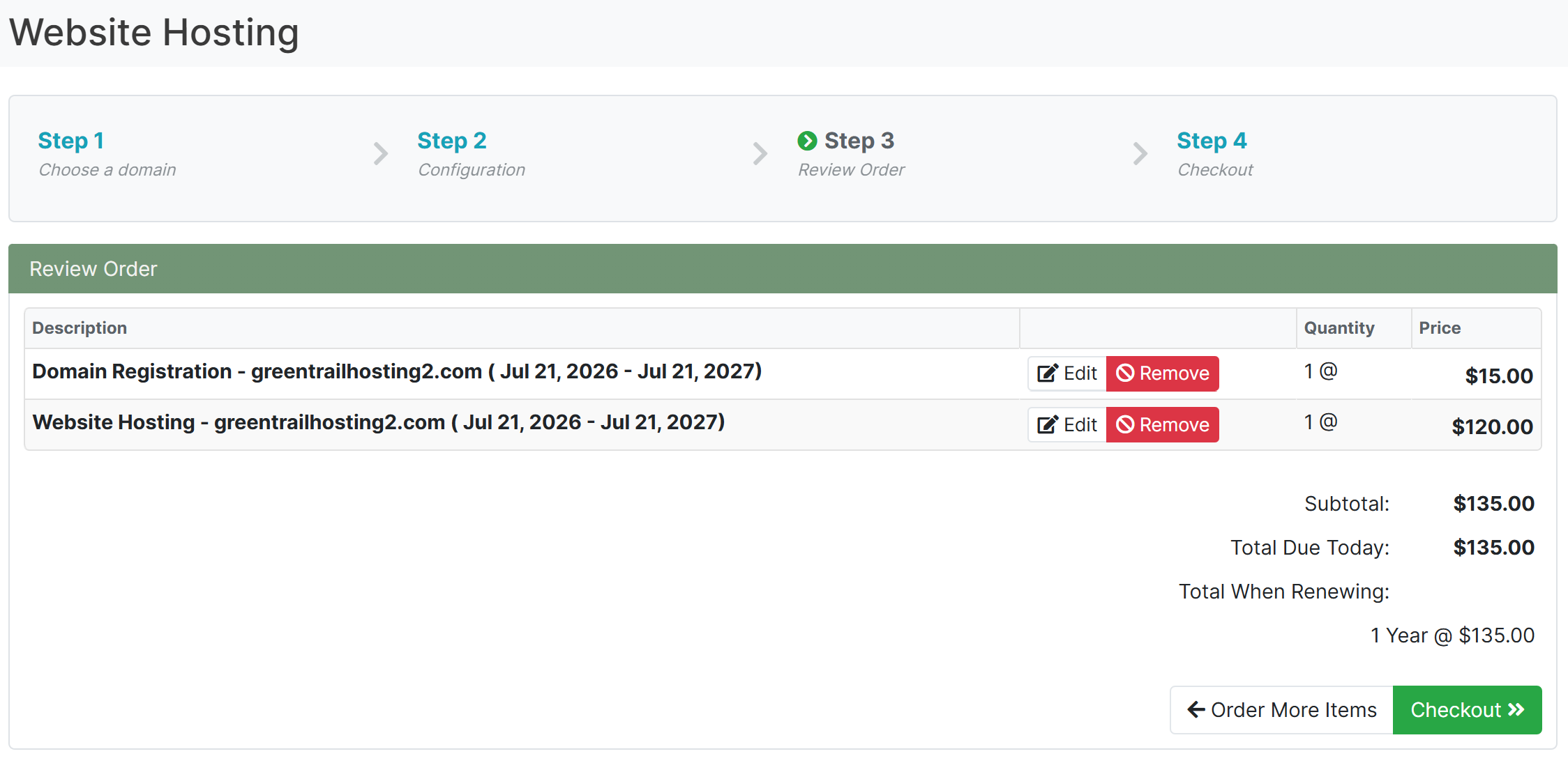 Shopping cart showing the selected domain, services, and order total