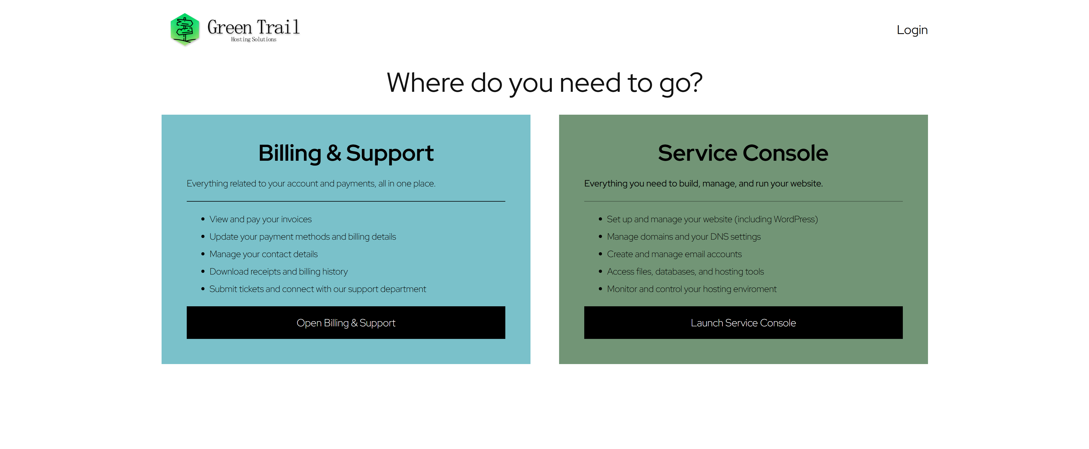 Green Trail Hosting login page showing the Open Billing and Support button