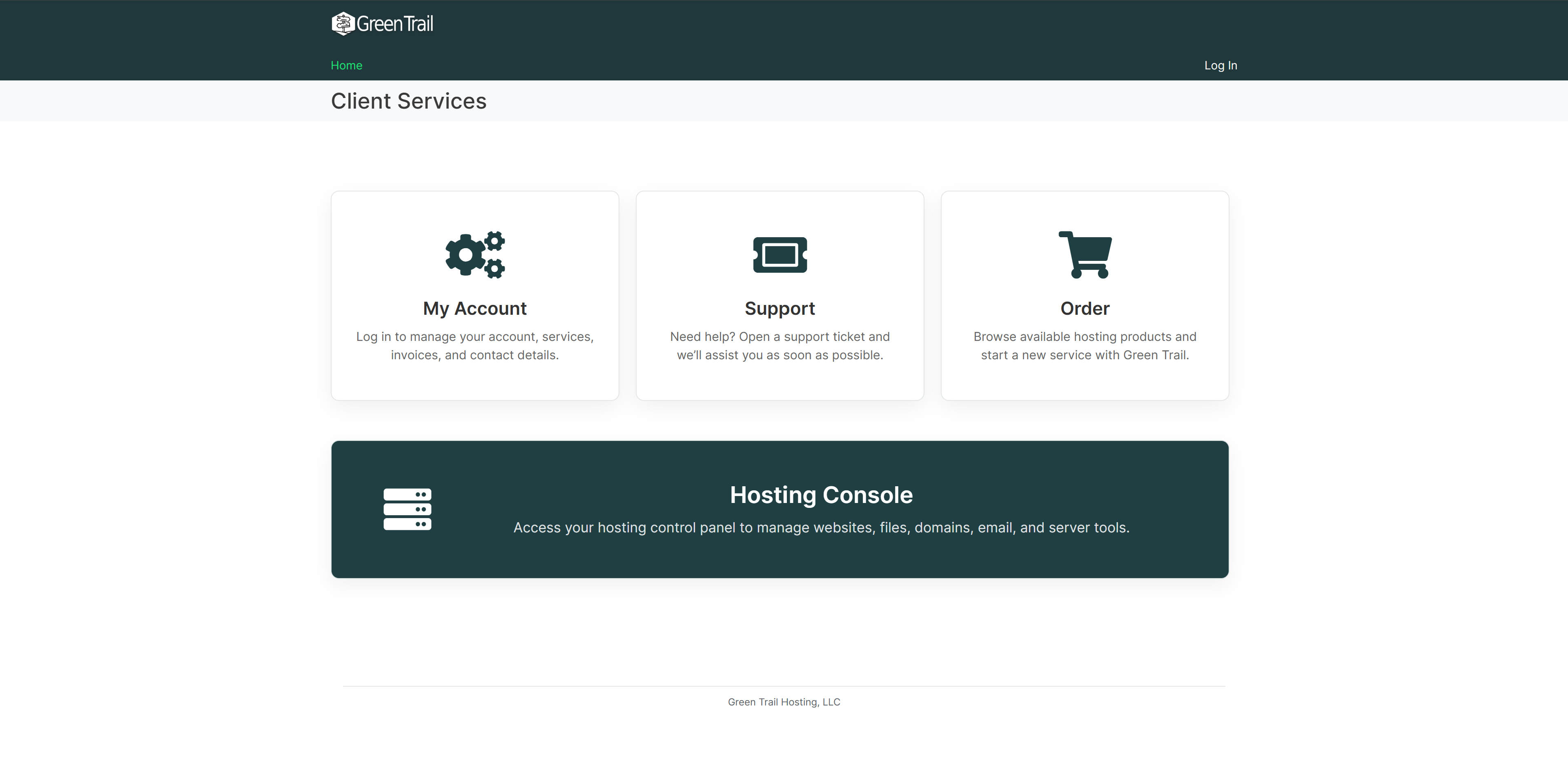 Green Trail Hosting billing portal with the My Account option