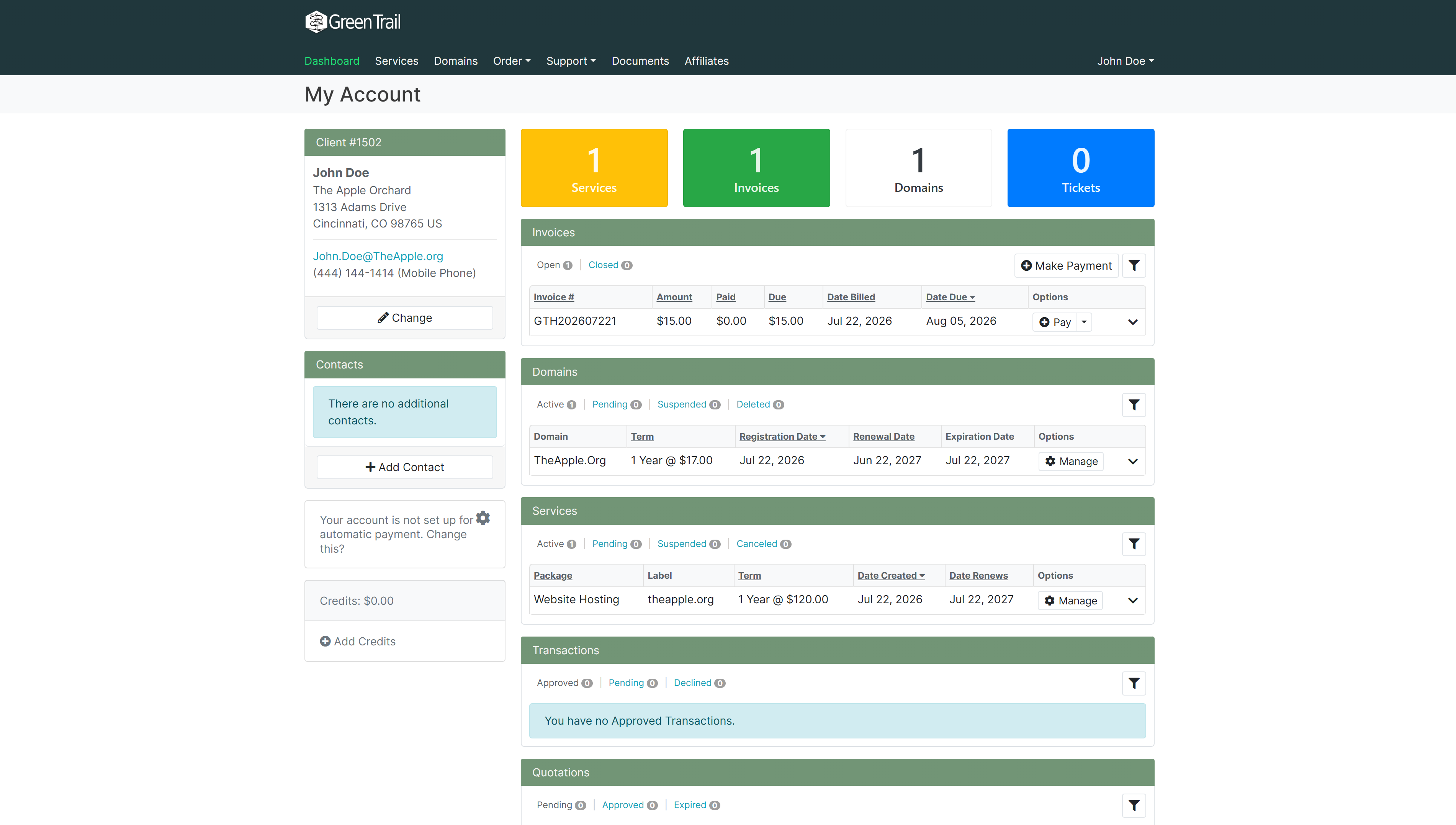Green Trail Hosting billing dashboard showing account summary boxes and billing sections