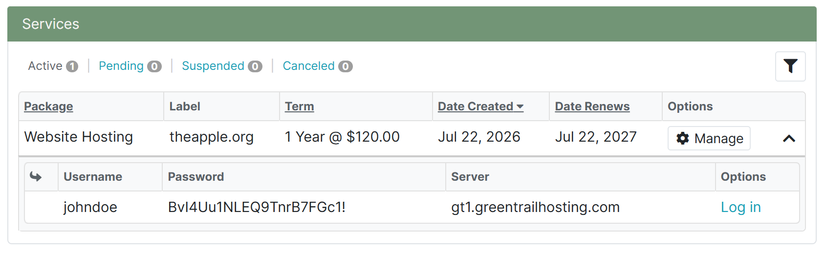 Billing portal Services section showing the service drop-down menu and Log In option