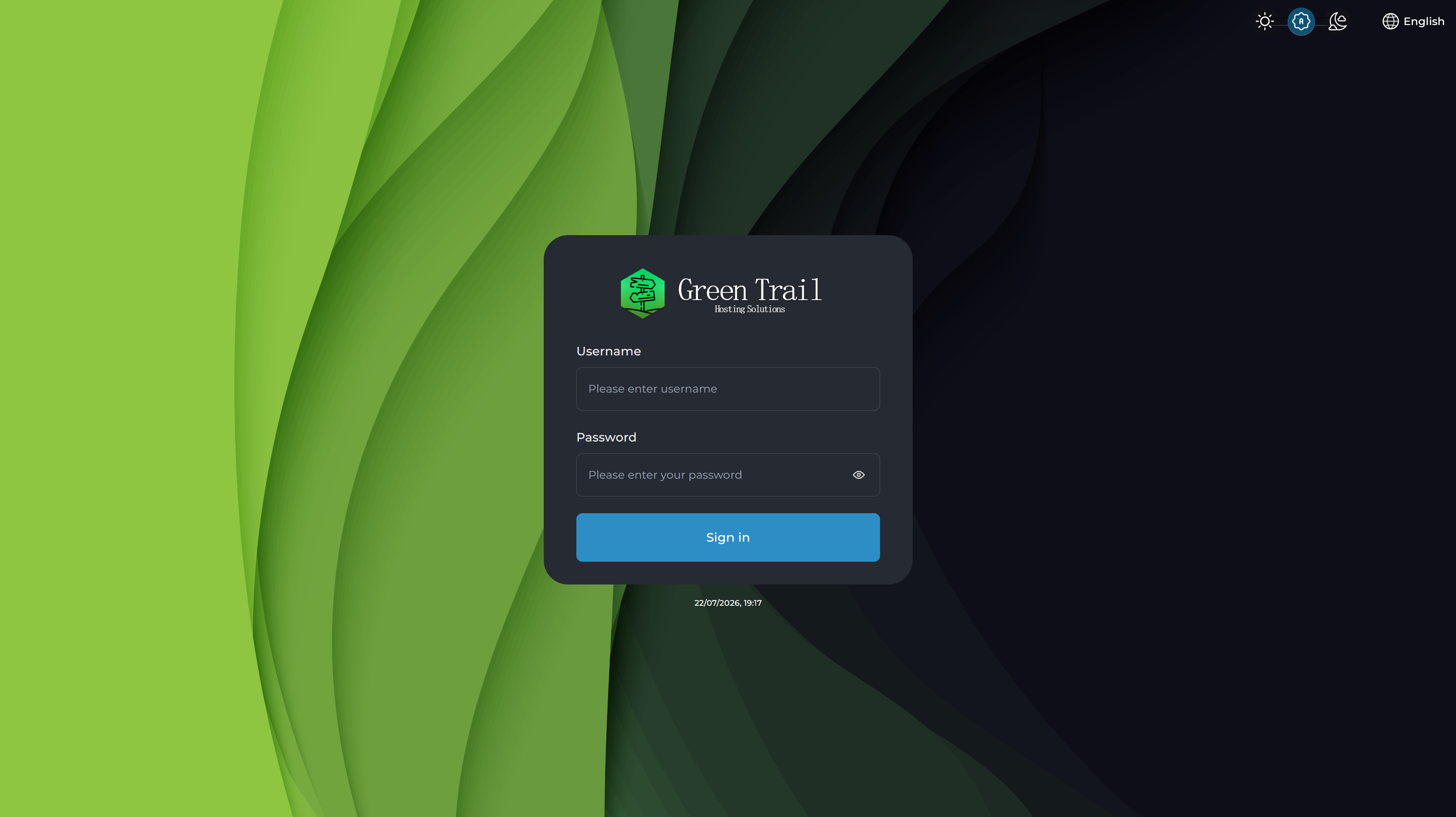 Green Trail Hosting Service Console login page with username and password fields