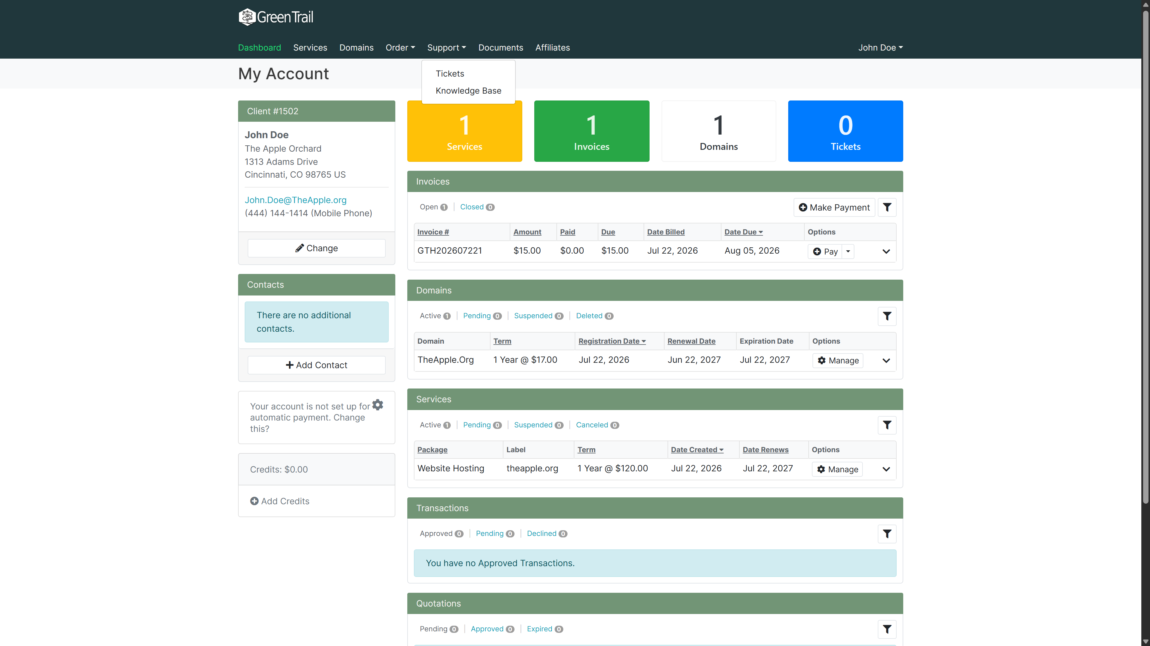 Billing and support console navigation menu with Support expanded and Tickets selected