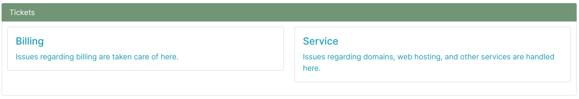 Ticket type selection page with Billing Ticket and Service Ticket options