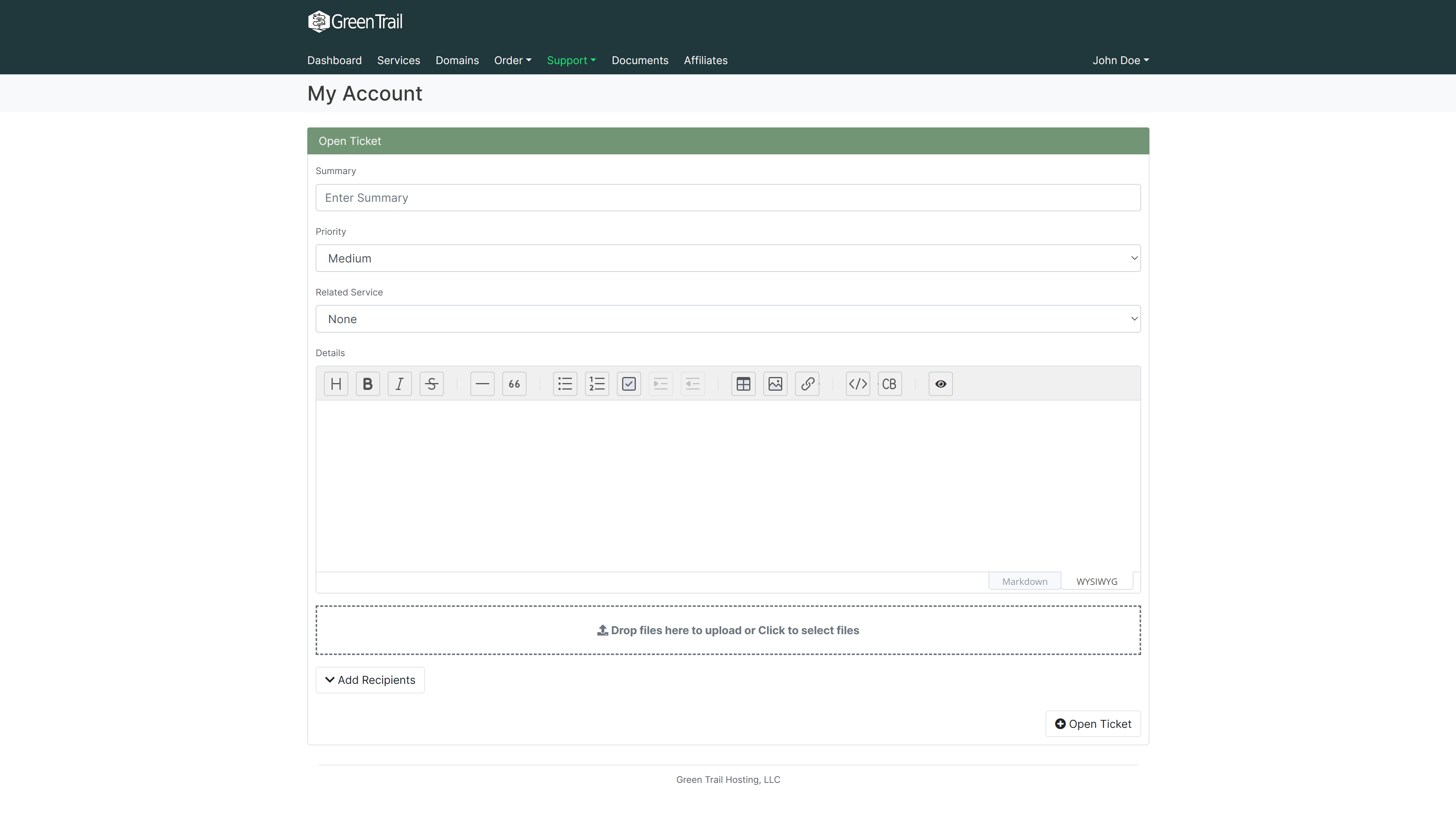 Support ticket draft window with fields for the ticket title, priority, related service, and details