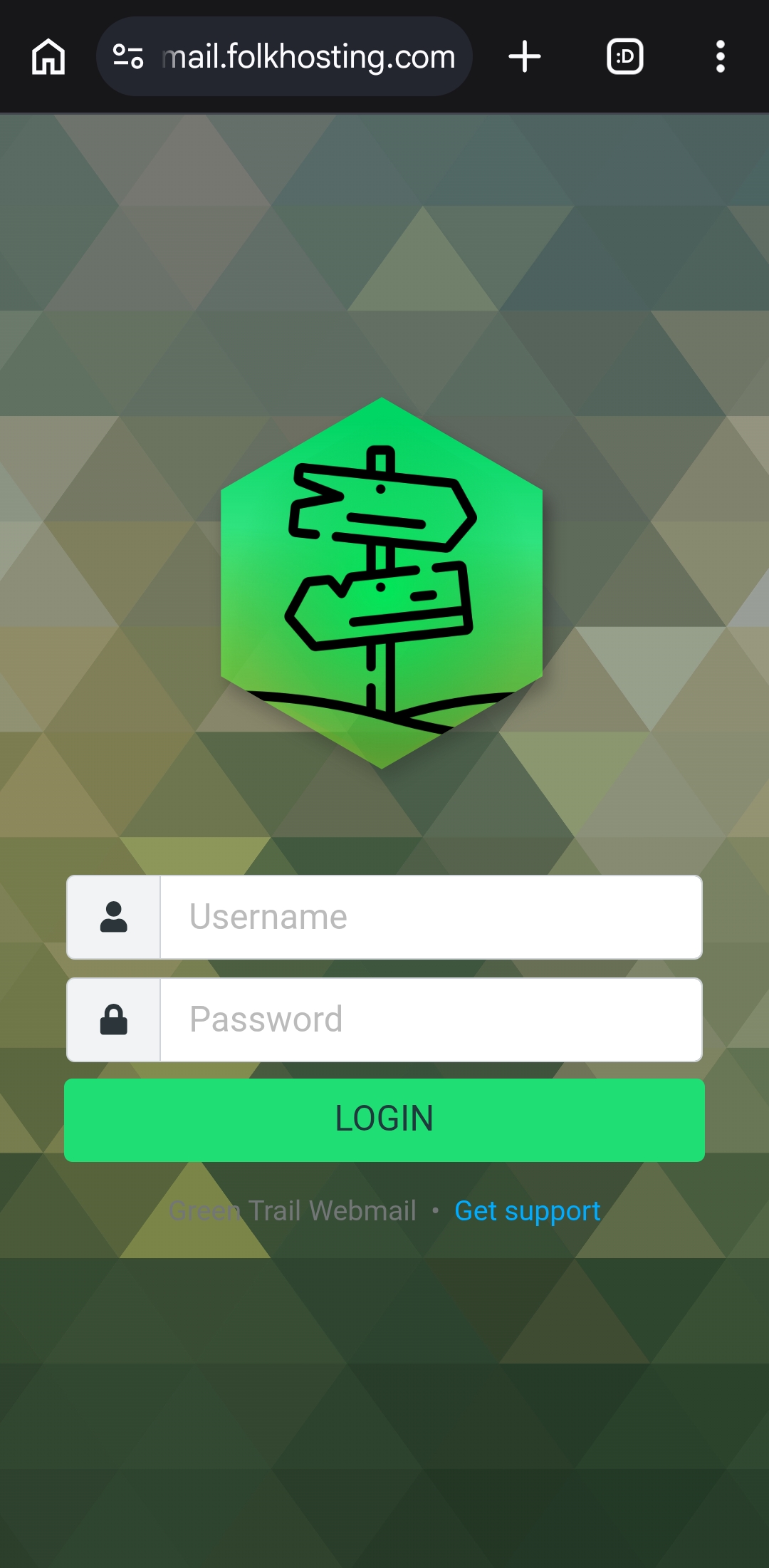 Chrome on Android showing the Green Trail Hosting webmail address in the address bar