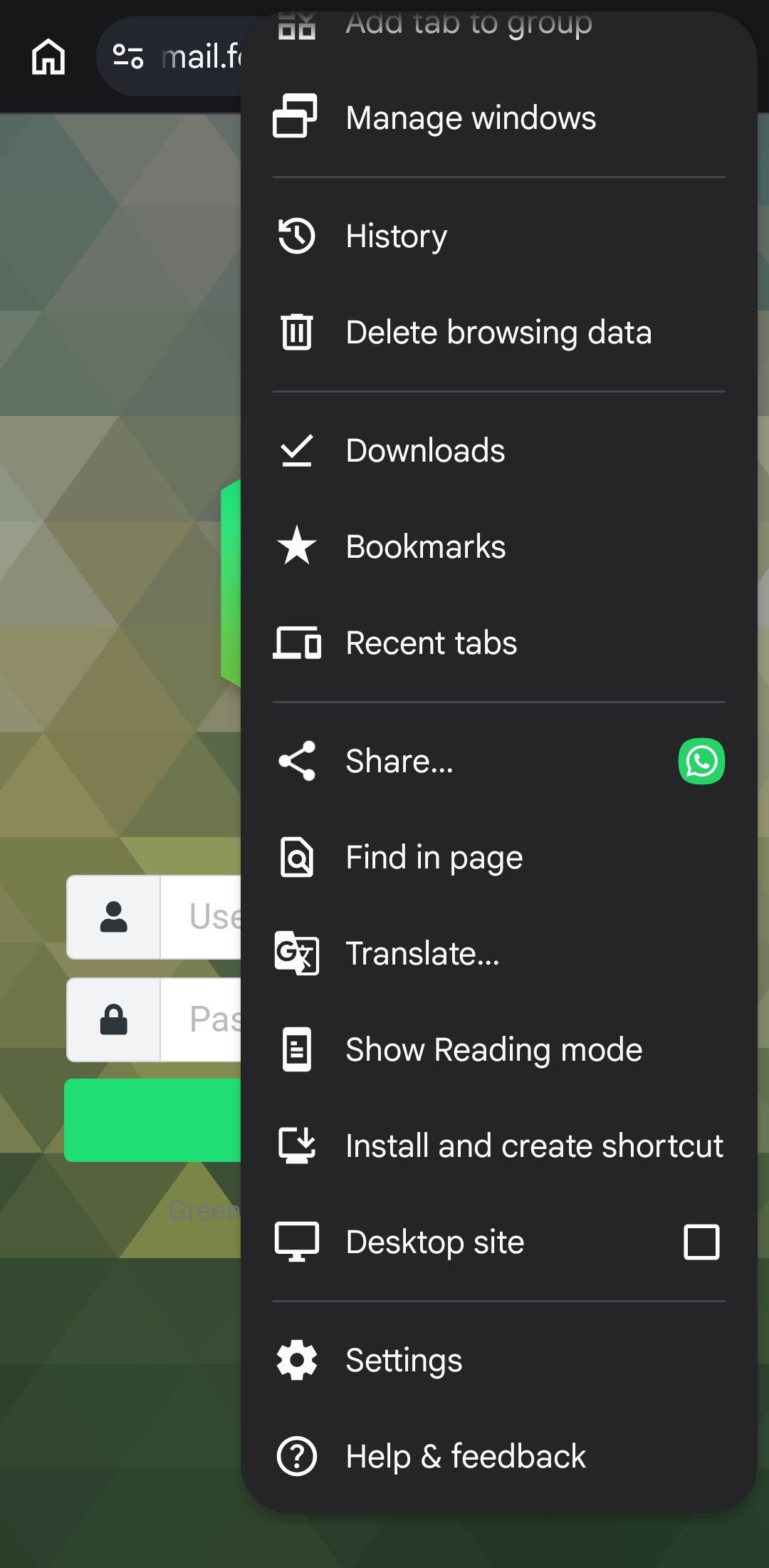 Chrome menu showing the Install and create shortcut option for Green Trail Hosting Webmail